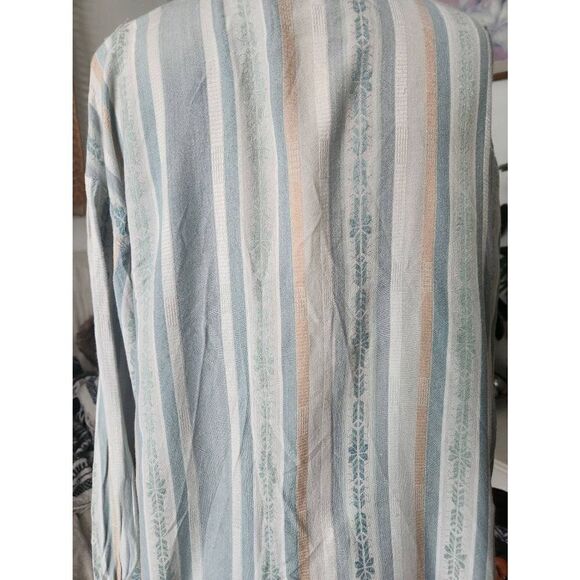90s Vintage Rayon Button Front Pocket Blouse Shirt Striped Sage Green Peach Past - Picture 9 of 10